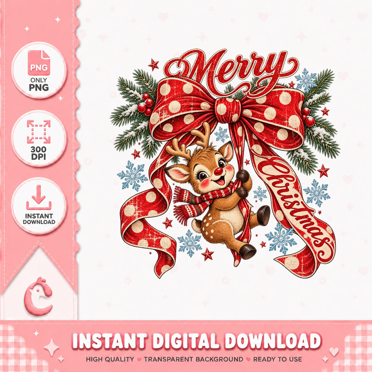 Merry Christmas Reindeer PNG, Holiday Bow Design, Xmas Clipart PNG