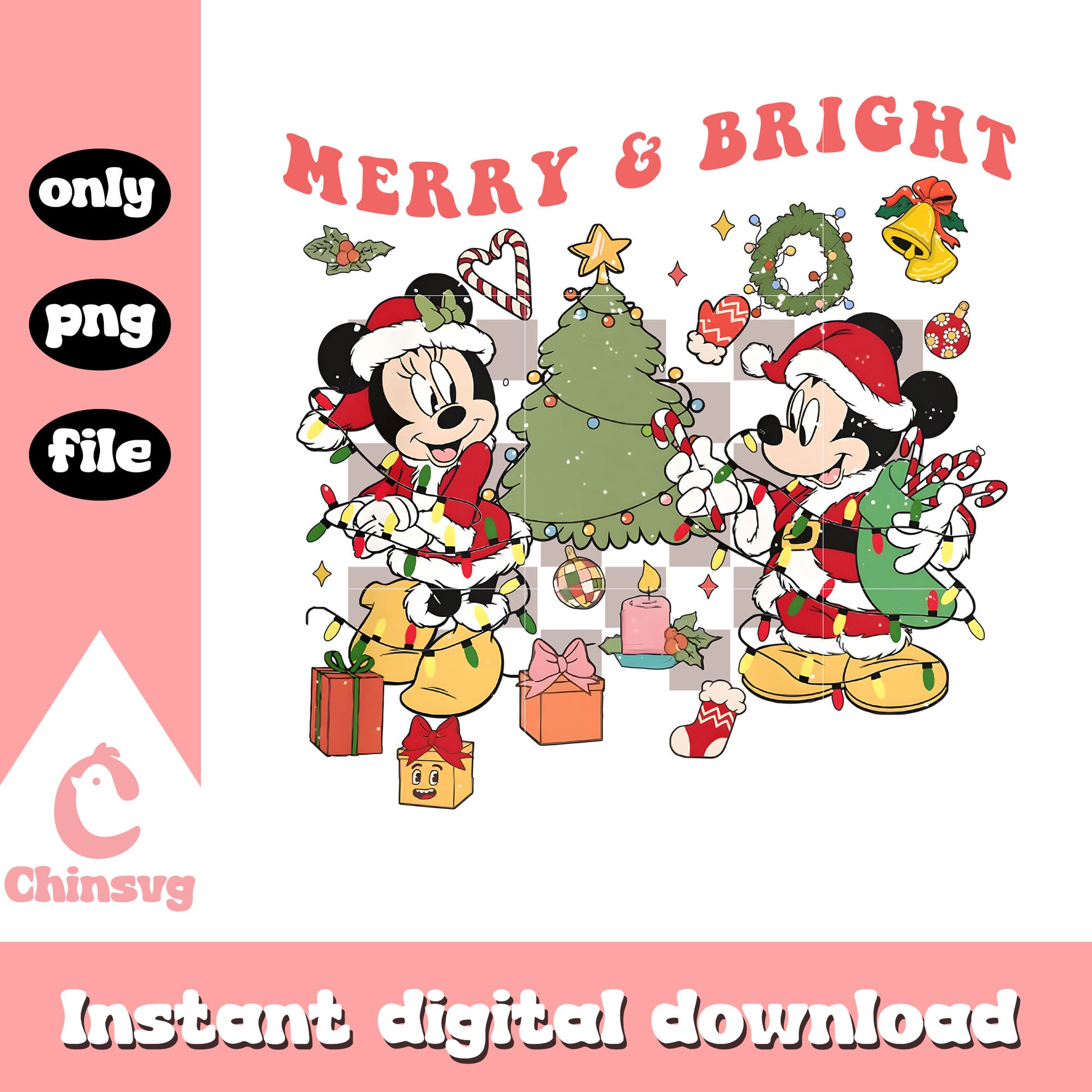 Merry anad bright minnie mickey design png, mickey and minnie png