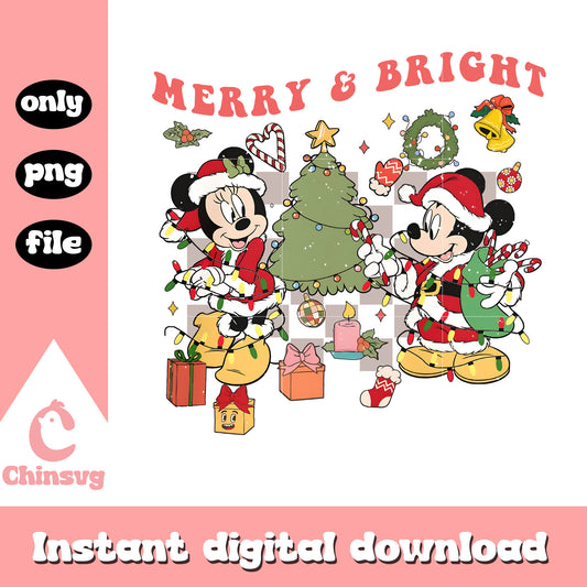 Merry anad bright minnie mickey design png, mickey and minnie png