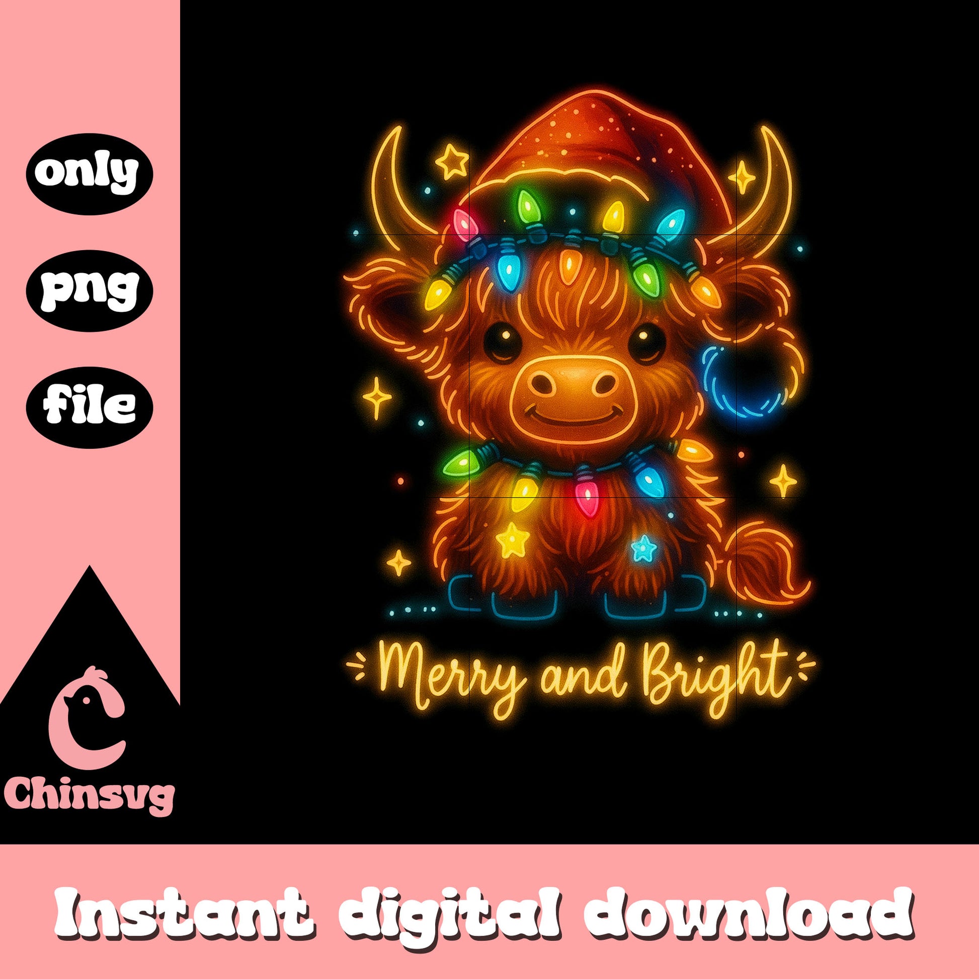 Merry and bright highland cow neon png, christmas eve png