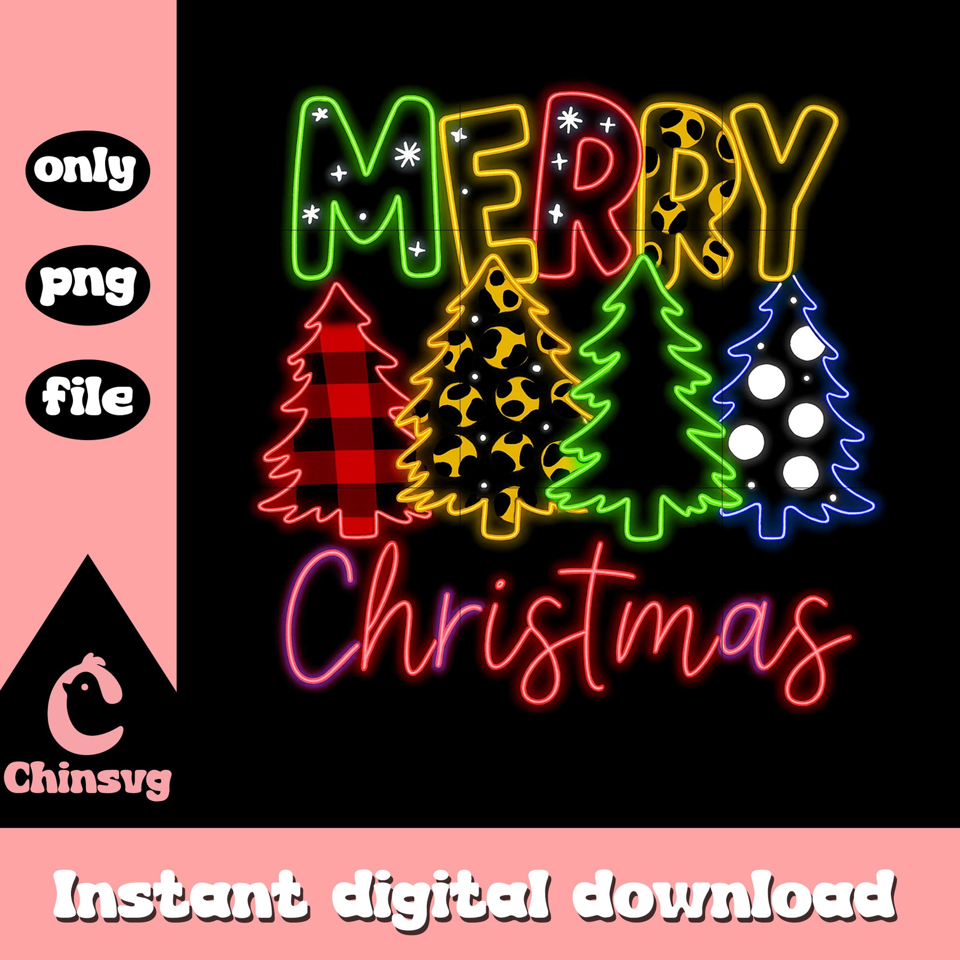 Merry christmas trees neon font design png, merry x'mas png