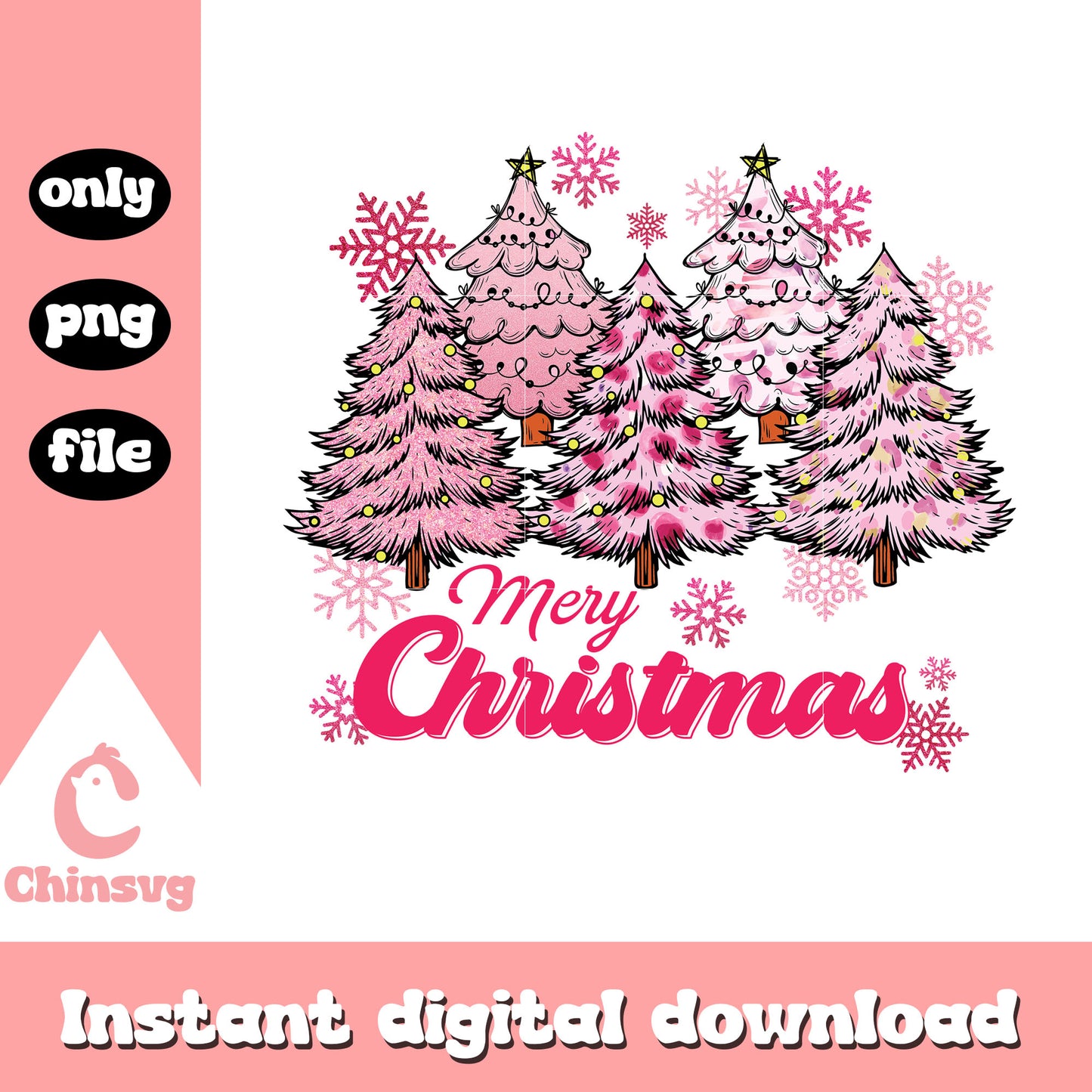 Merry christmas trees pink font design png, xmas trees png