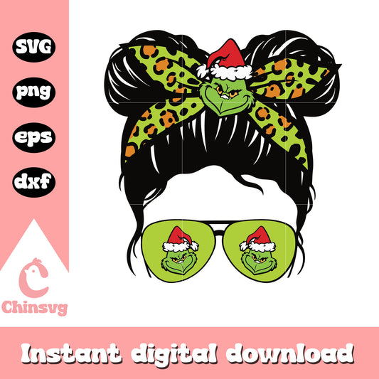 Messy bun grinch christmas leopard svg, grinch glasses​ svg