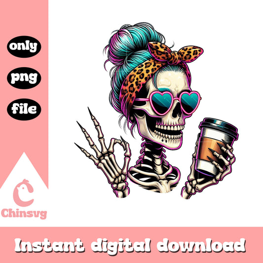 Messy bun coffee cup design png, skeleton png, coffee drinks png