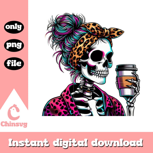 Messy bun coffee leopard pattern png, coffee png, messy bun png