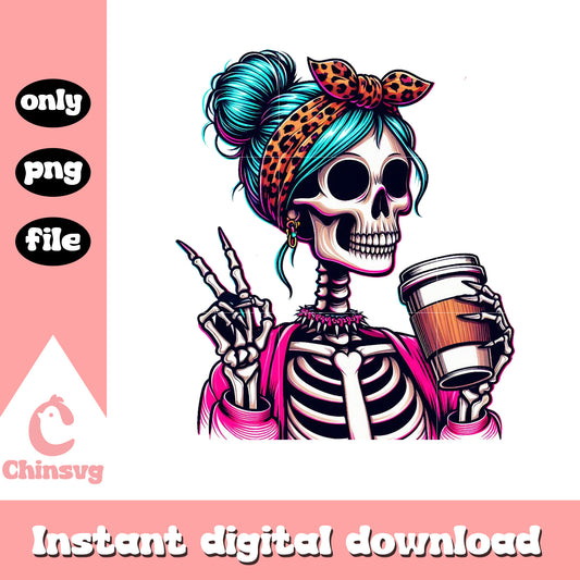 Messy bun say hi and coffee png, skeleton png, coffee drinks png