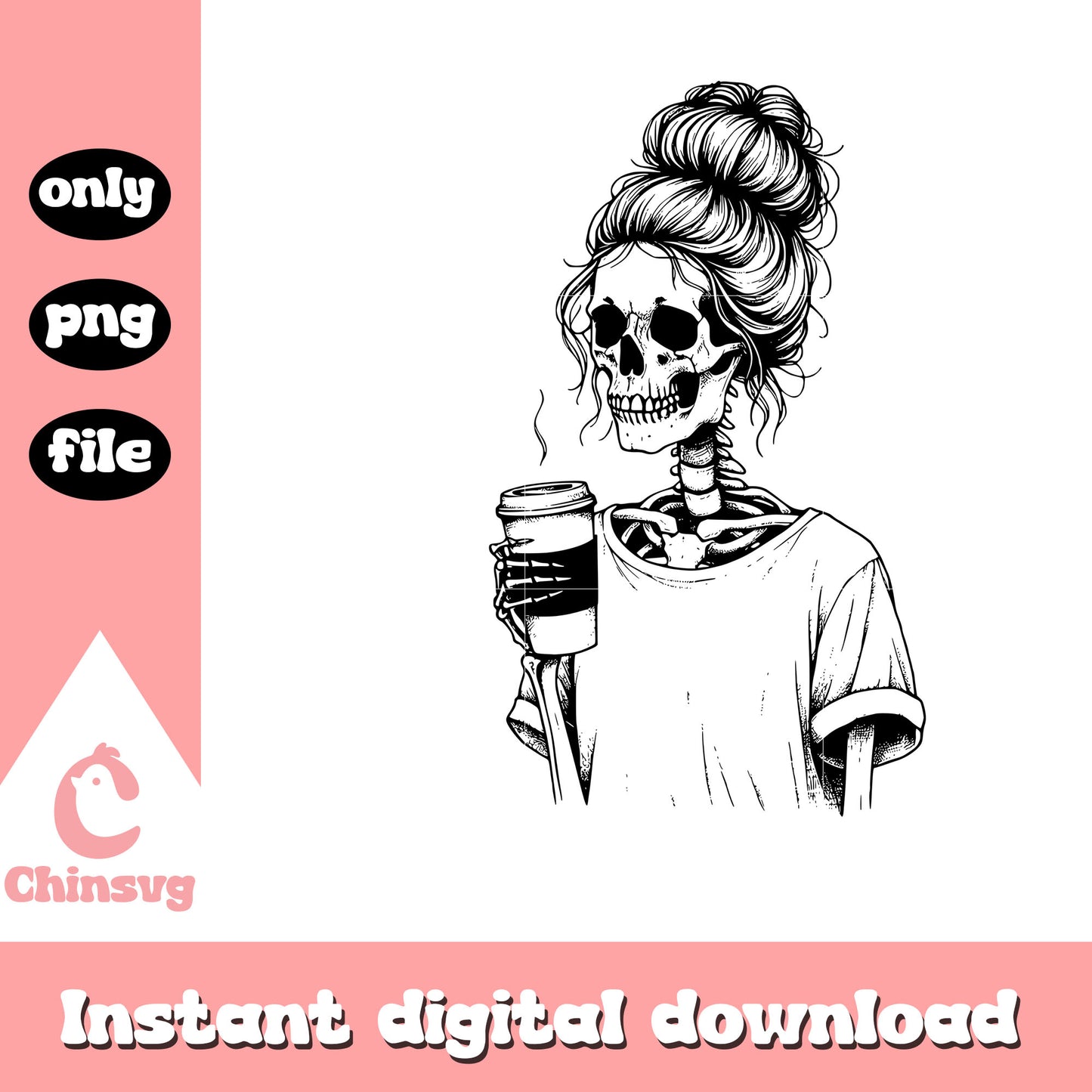 Messy bun skeleton drink coffee png, messy bun png