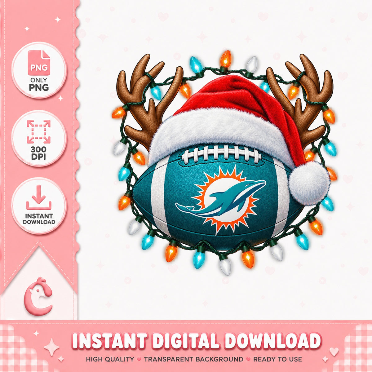 Miami Dolphins Christmas PNG, Football Santa Hat, Reindeer PNG