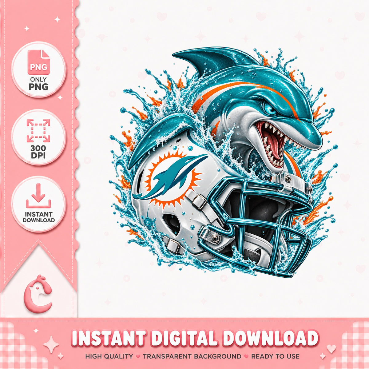 Miami Dolphins Football Helmet PNG, NFL Shark Design, Instant Download PNG