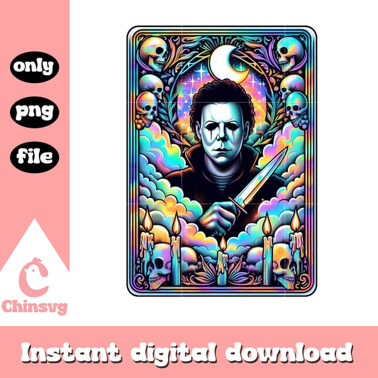 Michael Myers knife neon tarot card png, tarot card spooky png