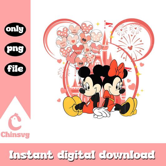 Mickey Minnie disney castle png, couple mouse png, valentine png