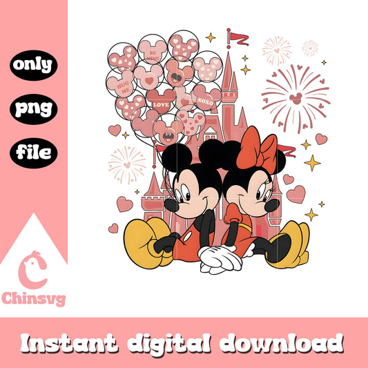 Mickey Minnie disney castle png, happy valentine's day png