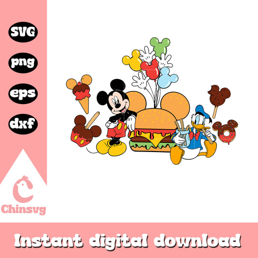 Mickey and donald with snacks svg, mickey and donald duck​ svg