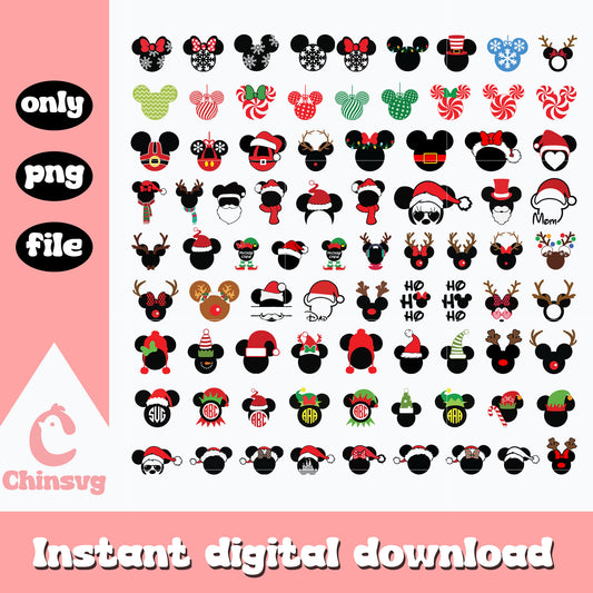 Mickey and minnie head christmas design bundle png, mickey ears christmas​ png
