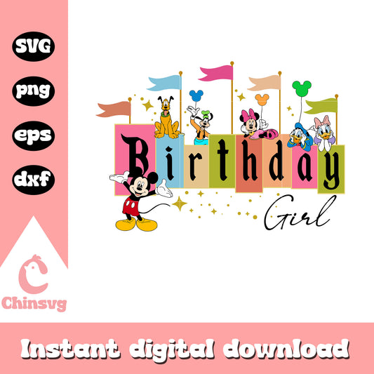 Mickey friends birthday girl logo svg, happy birthday disney​ svg