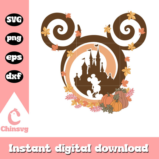 Mickey head autumn castle design svg, autumn disney ears​ svg