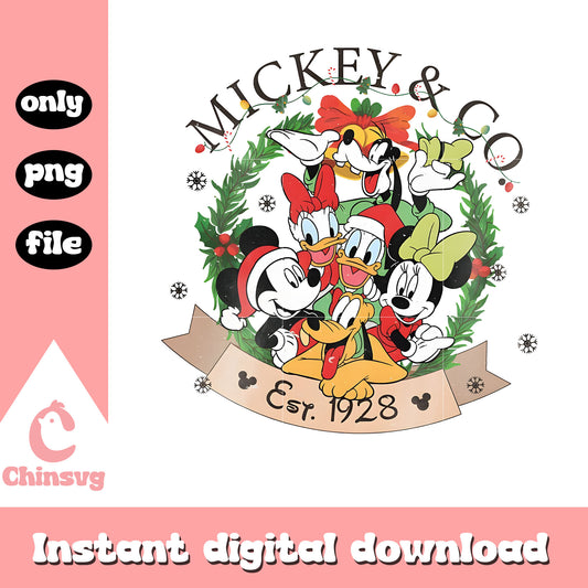 Mickey and co est 1928 wreath christmas png, mickey and friends png