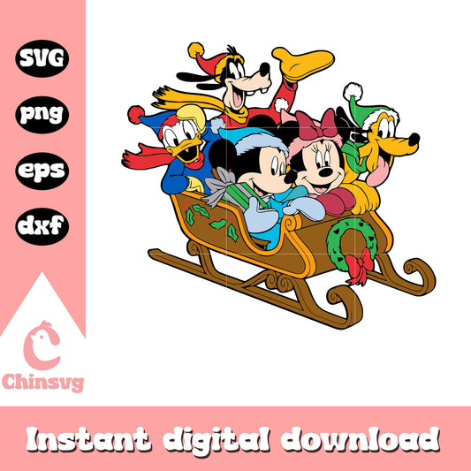Mickey and friends in christmas sleigh svg, mickey and friends​ svg