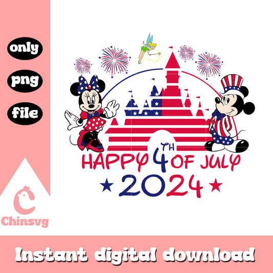 Mickey and minnie Happy 4th of july 2024 png, american flag castle png