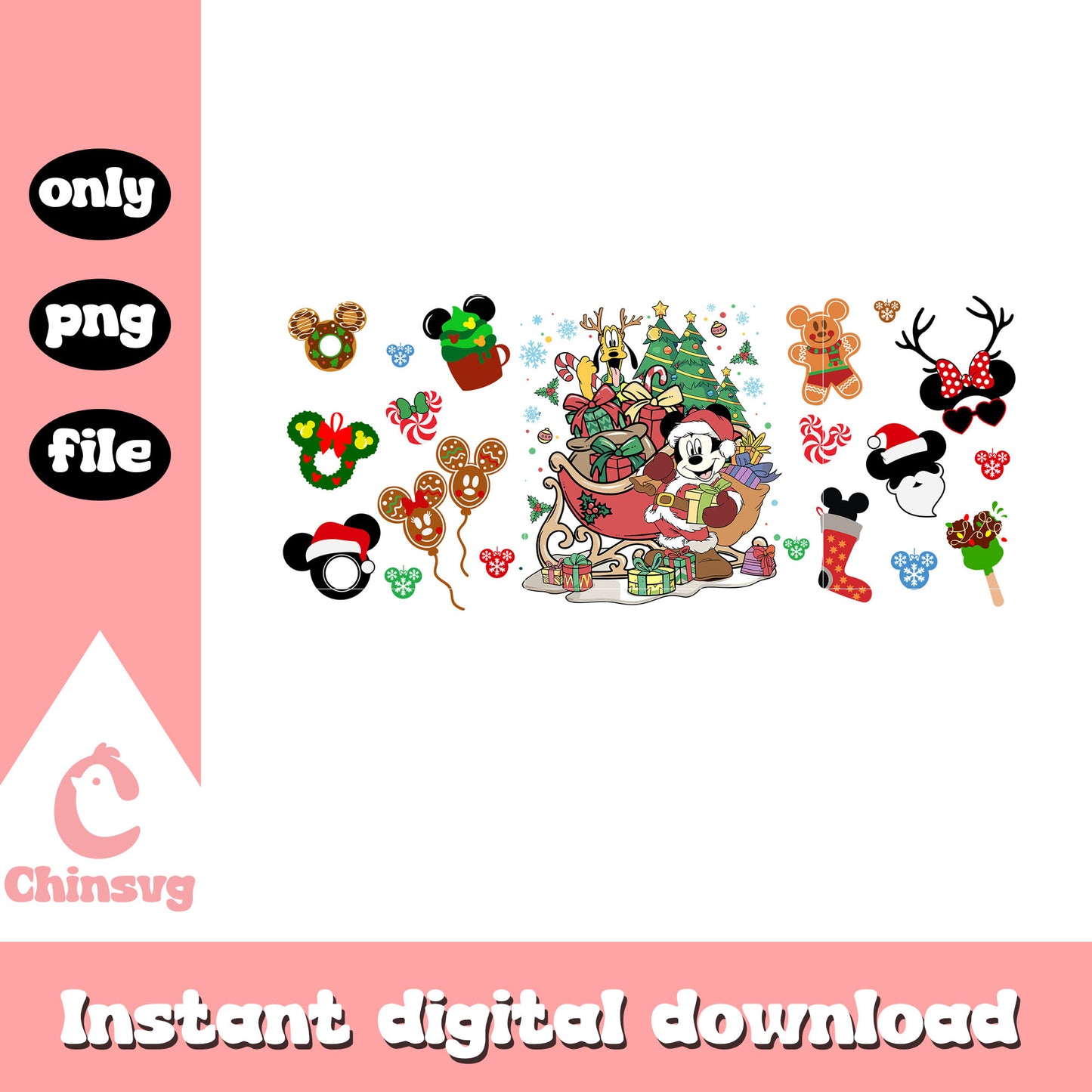Mickey and pluto christmas sleigh decor png, xmas gifts png