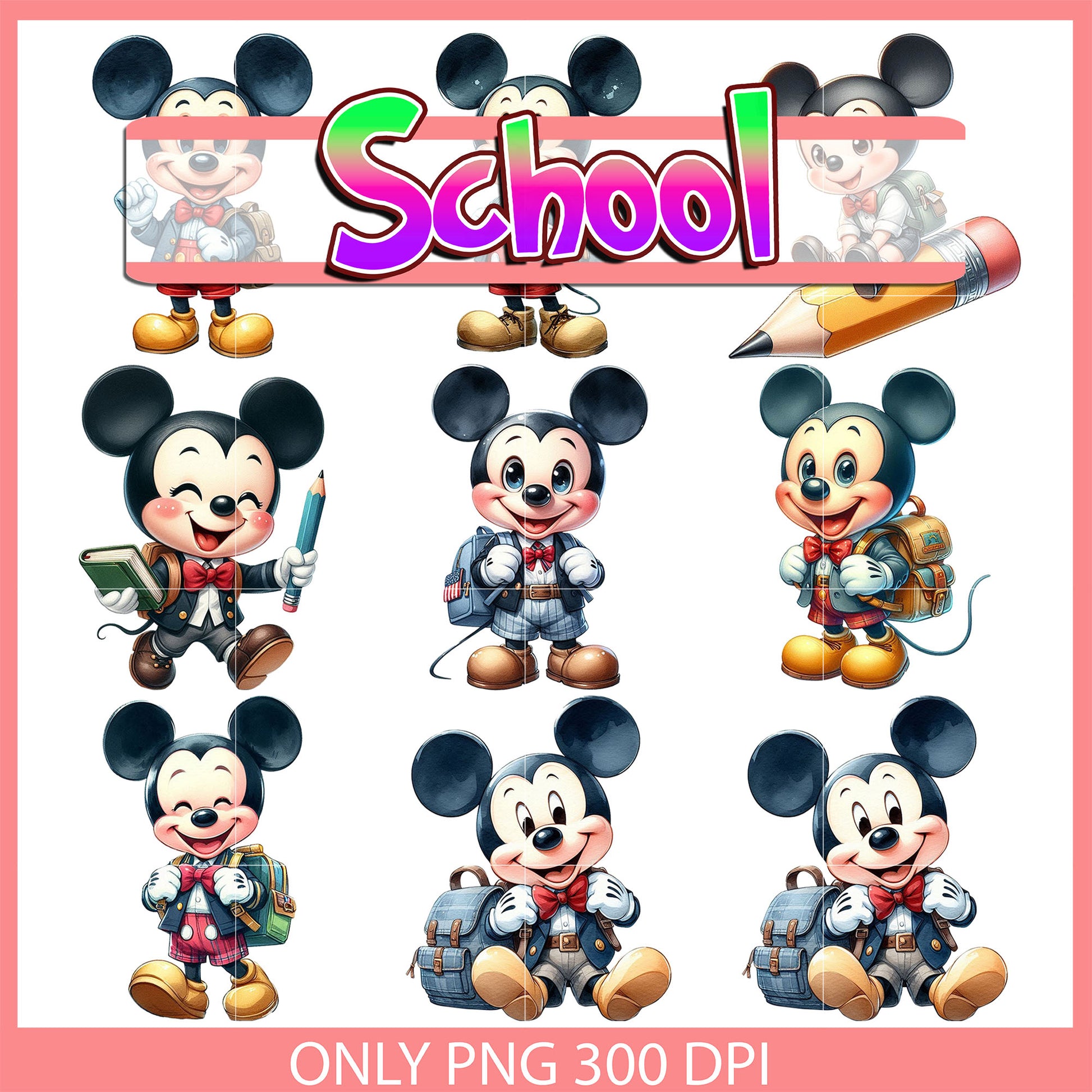Mickey character back to school design bundle png, disney mickey png