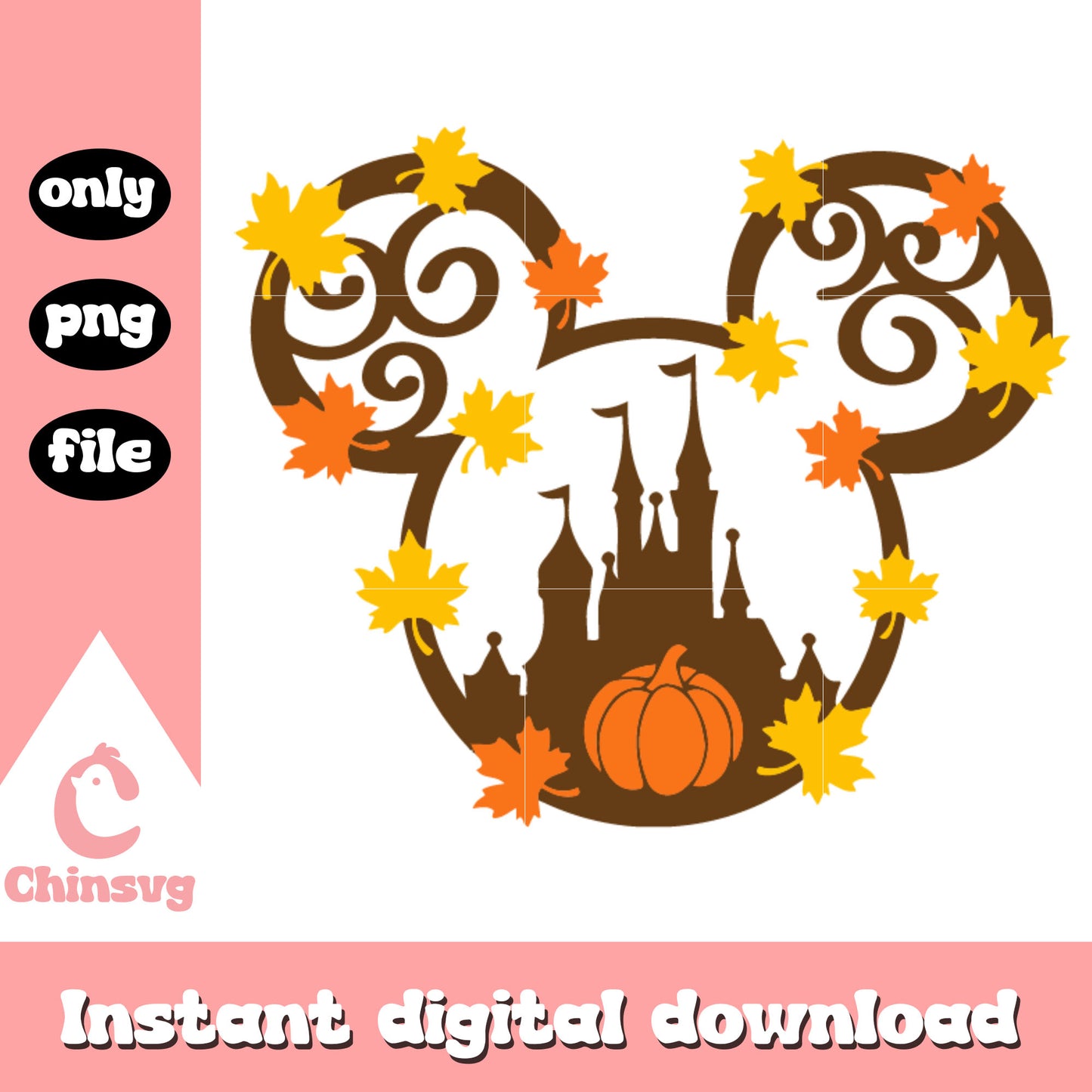 Mickey ear with castle and pumpkin design png, disney world png