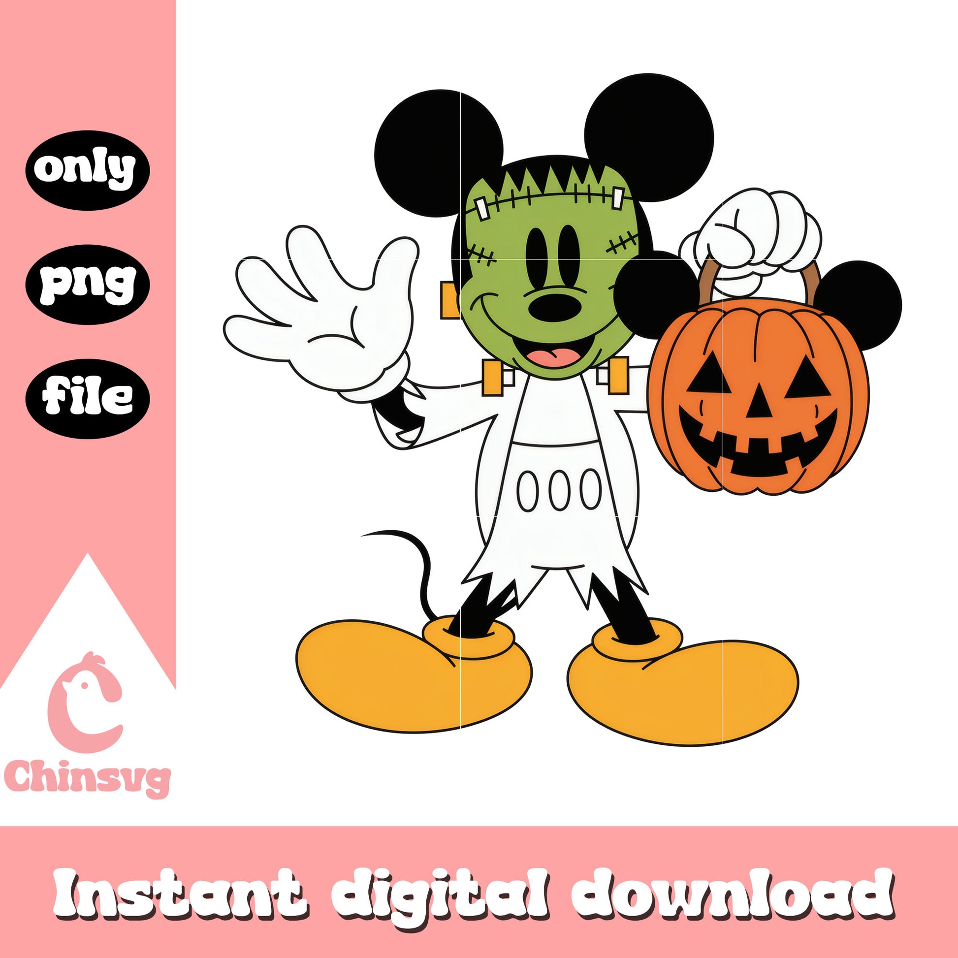 Mickey frankenstein carry pumpkin candy bag png, halloween mickey png