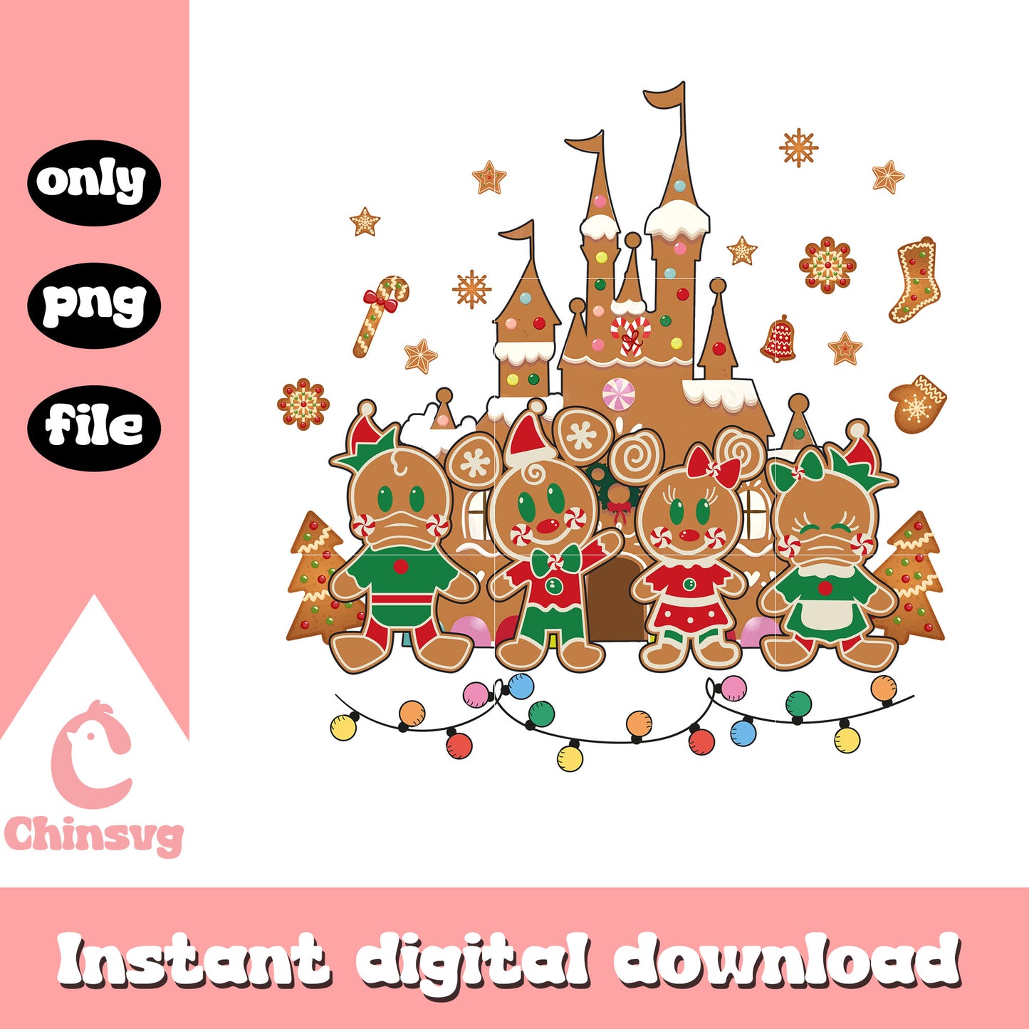 Mickey friends gingerbread castle design png, mickey movies png