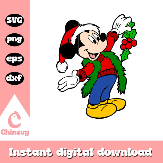 Mickey holding holly christmas svg, mickey mouse christmas​ svg