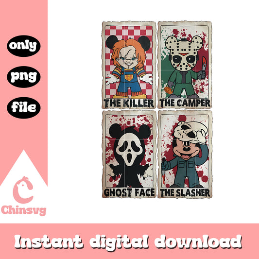 Mickey horror characters tarot card design png, mickey mouse png, horror killers png