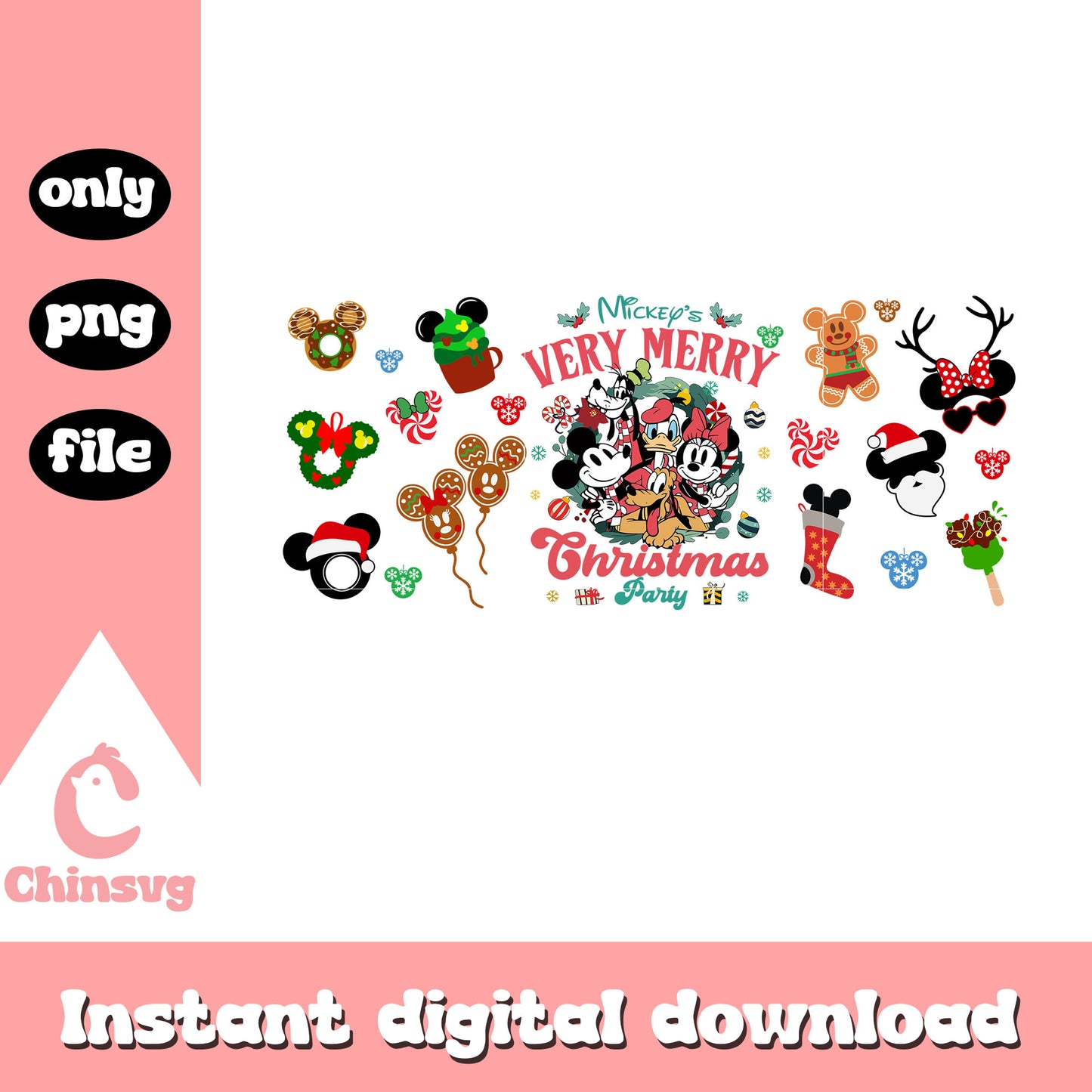 Mickey merry christmas party decor png, xmas decoration png