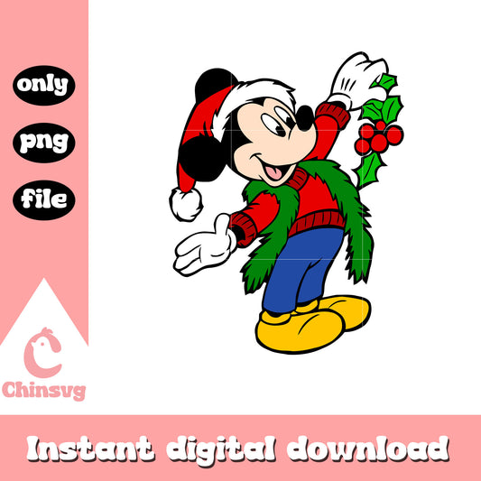 Mickey mouse holding holly christmas png, mickey christmas png