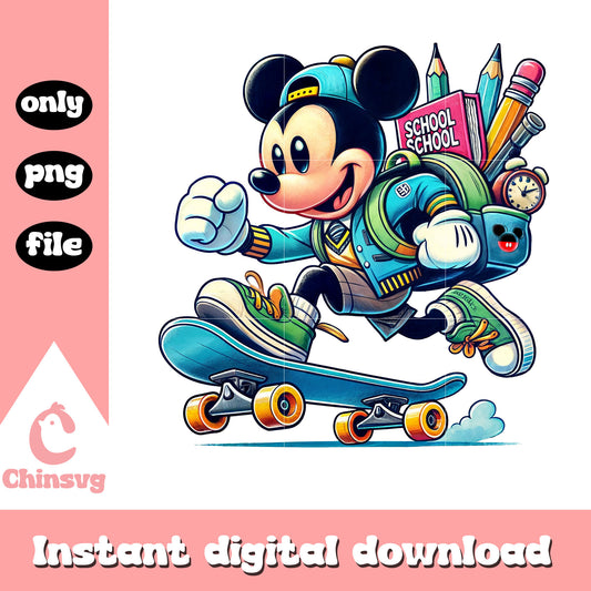 Mickey skateboarding to school design png, disney mickey png