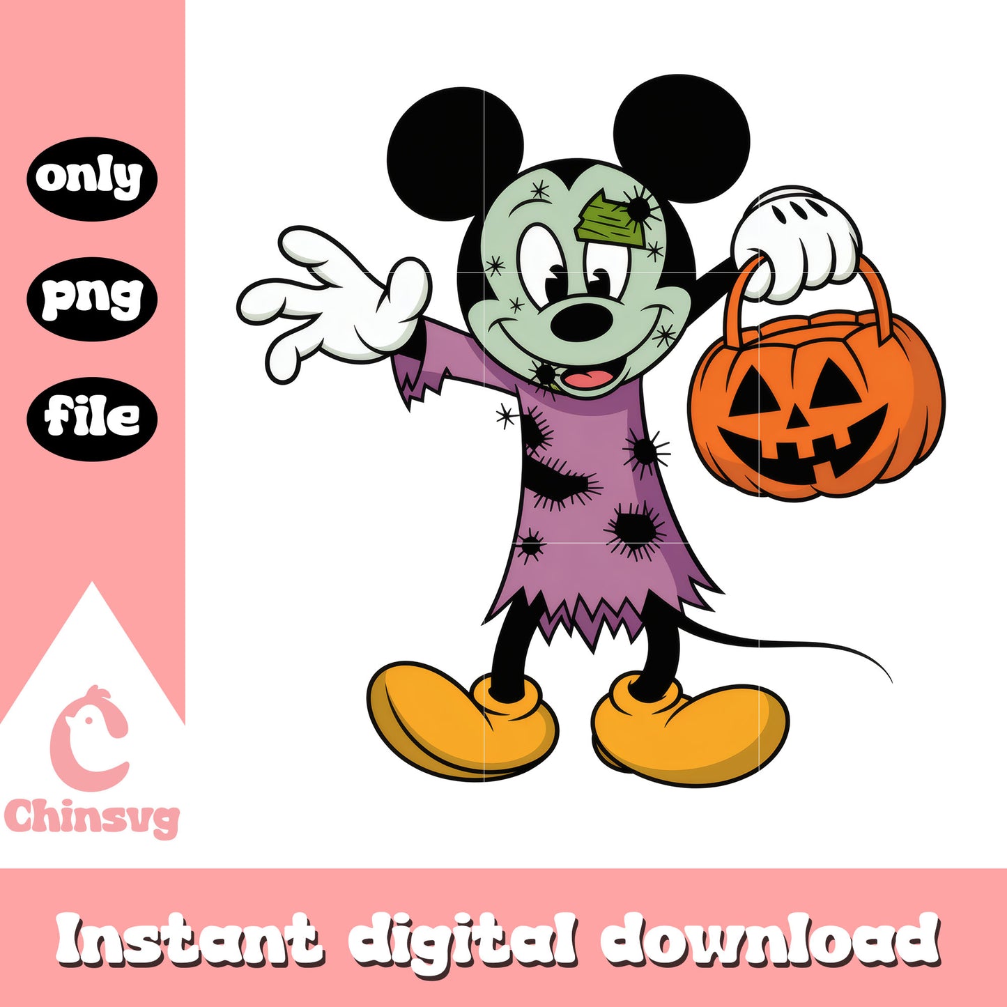 Mickey zombie carry pumpkin candy bag art png, halloween clipart png