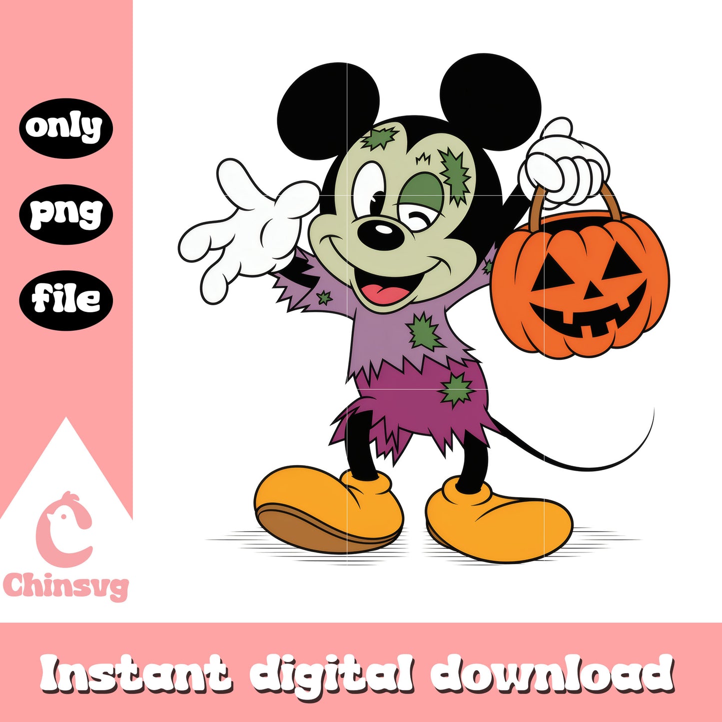 Mickey zombie carry pumpkin candy bag design png, trick or treat png