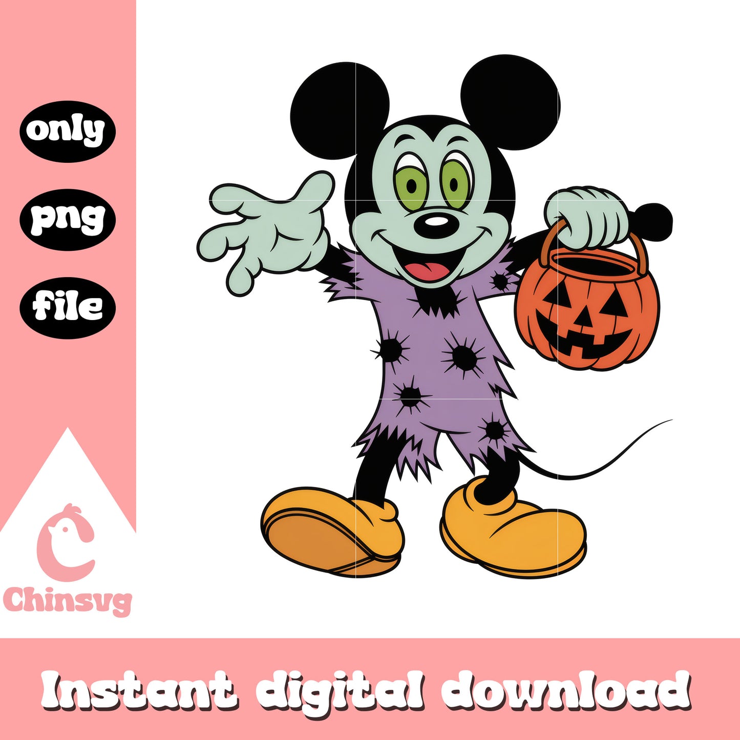 Mickey zombie carry pumpkin candy bag png, mickey halloween png