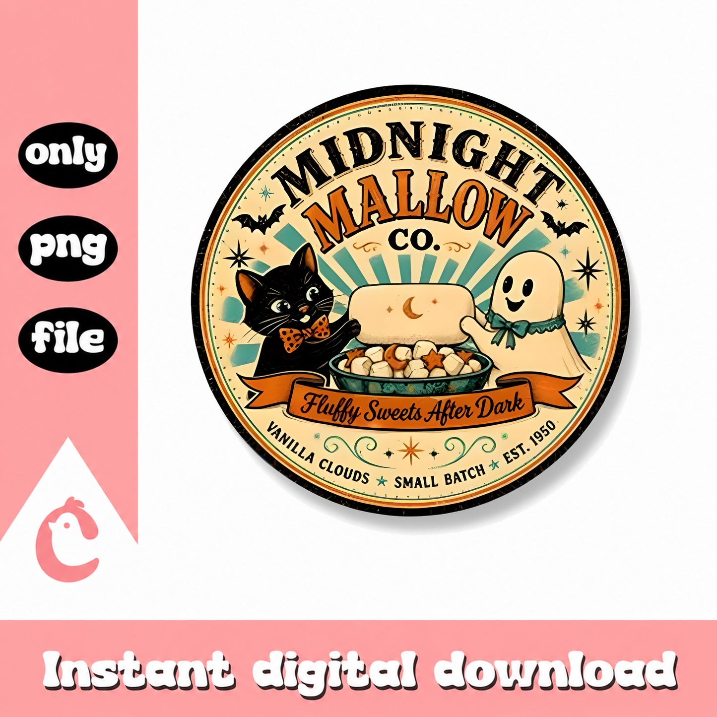 Midnight Mallow Co Halloween PNG, Retro Black Cat Ghost, PNG