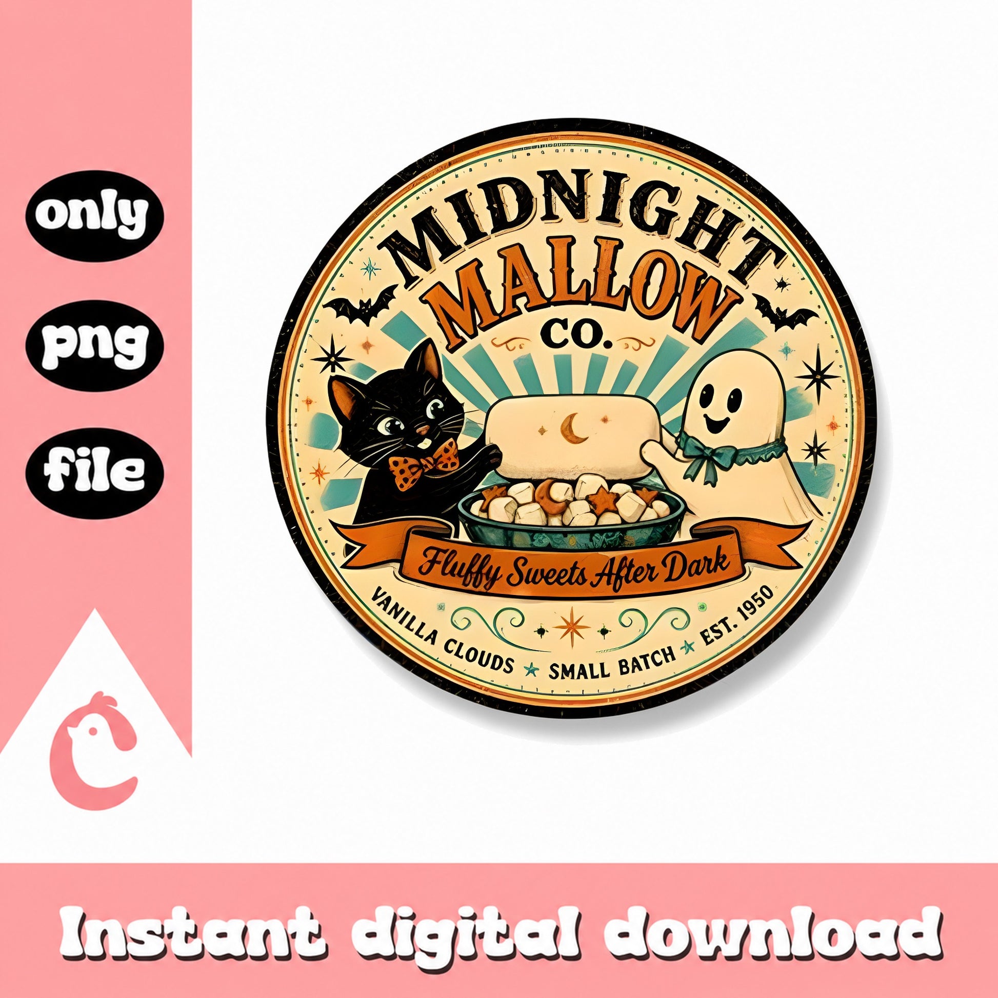 Midnight Mallow Co Halloween PNG, Retro Black Cat Ghost, PNG