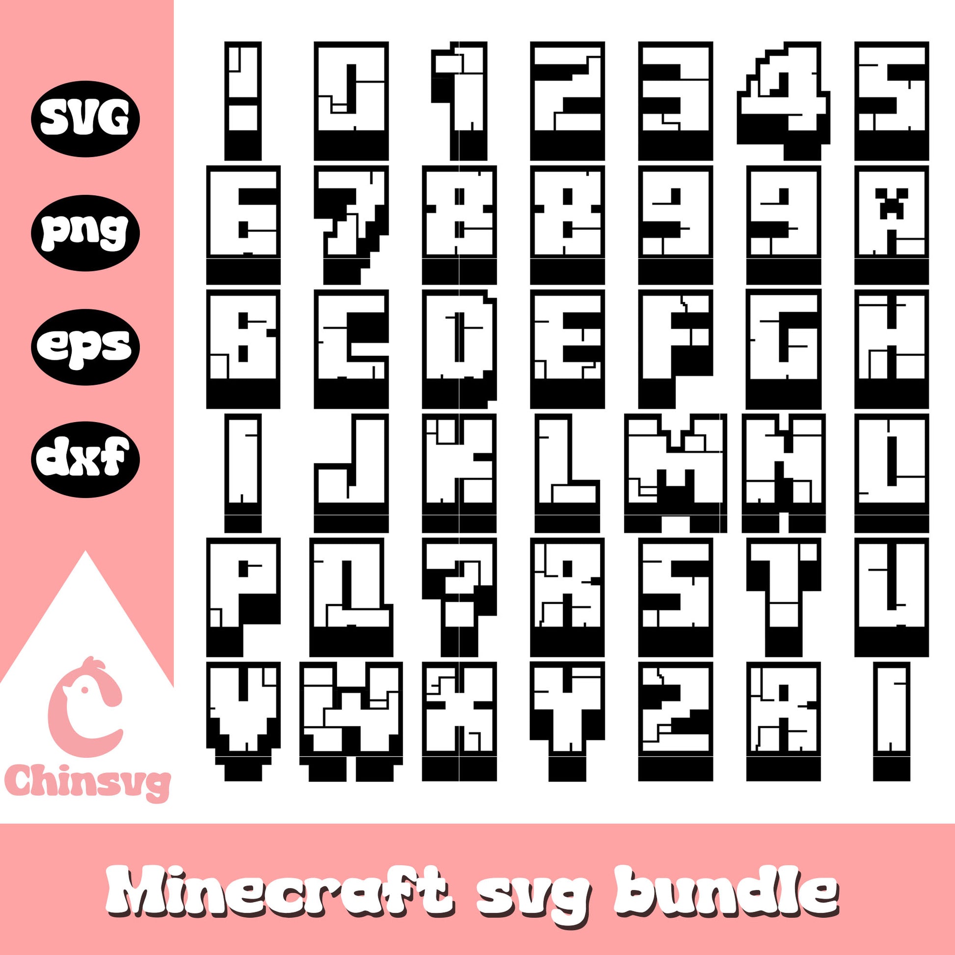Minecraft font black white design bundle svg, minecraft fonts​ svg