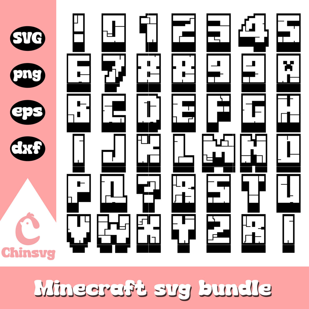 Minecraft font black white design bundle svg, minecraft fonts svg – Chinsvg