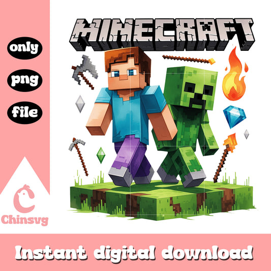Minecraft steve and creeper design png, minecraft logo​ png