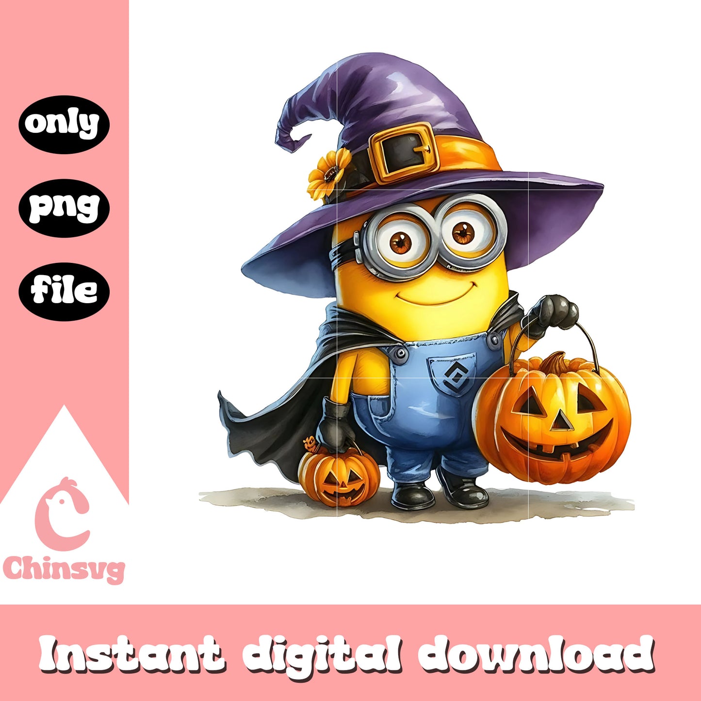Minion witch costume and pumpkin design png, cartoon png