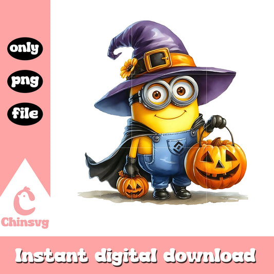Minion witch costume and pumpkin design png, cartoon png