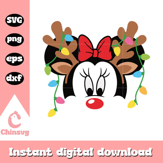 Minnie face reindeer christmas lights svg, minnie christmas ears​ svg