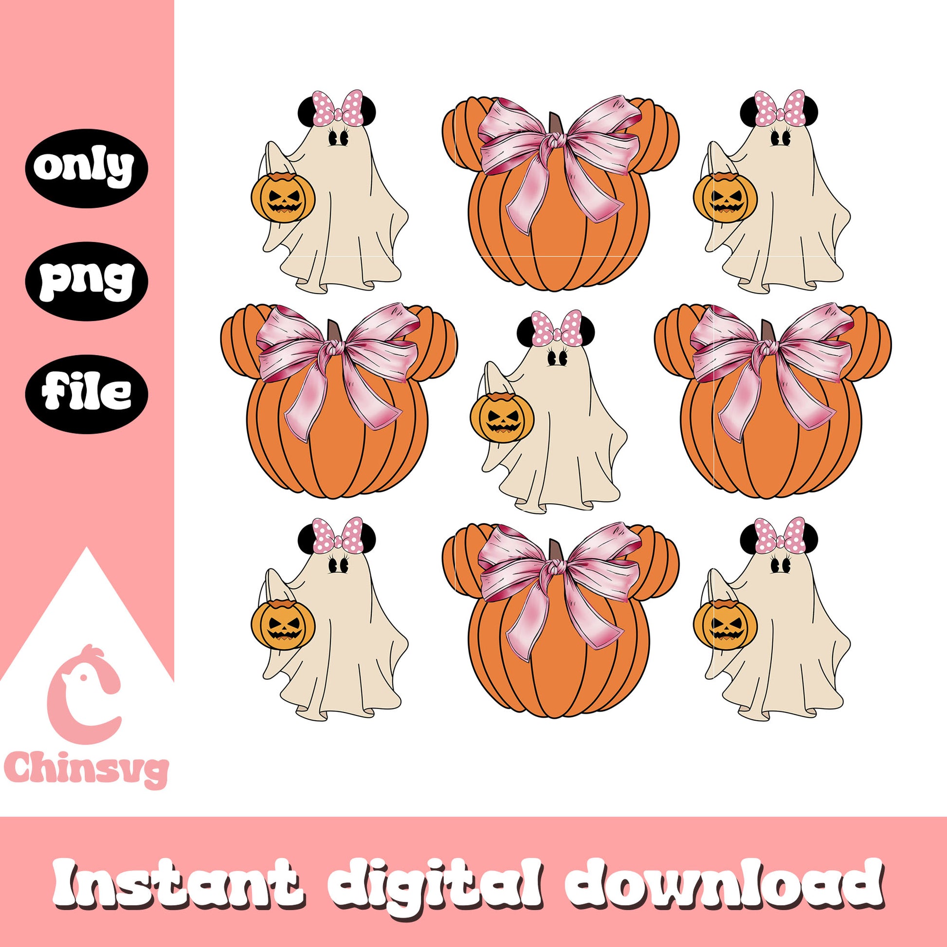 Minnie ghost coquette bow pumpkin design png, minnie halloween png