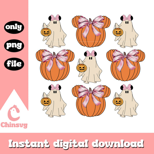 Minnie ghost coquette bow pumpkin design png, minnie halloween png