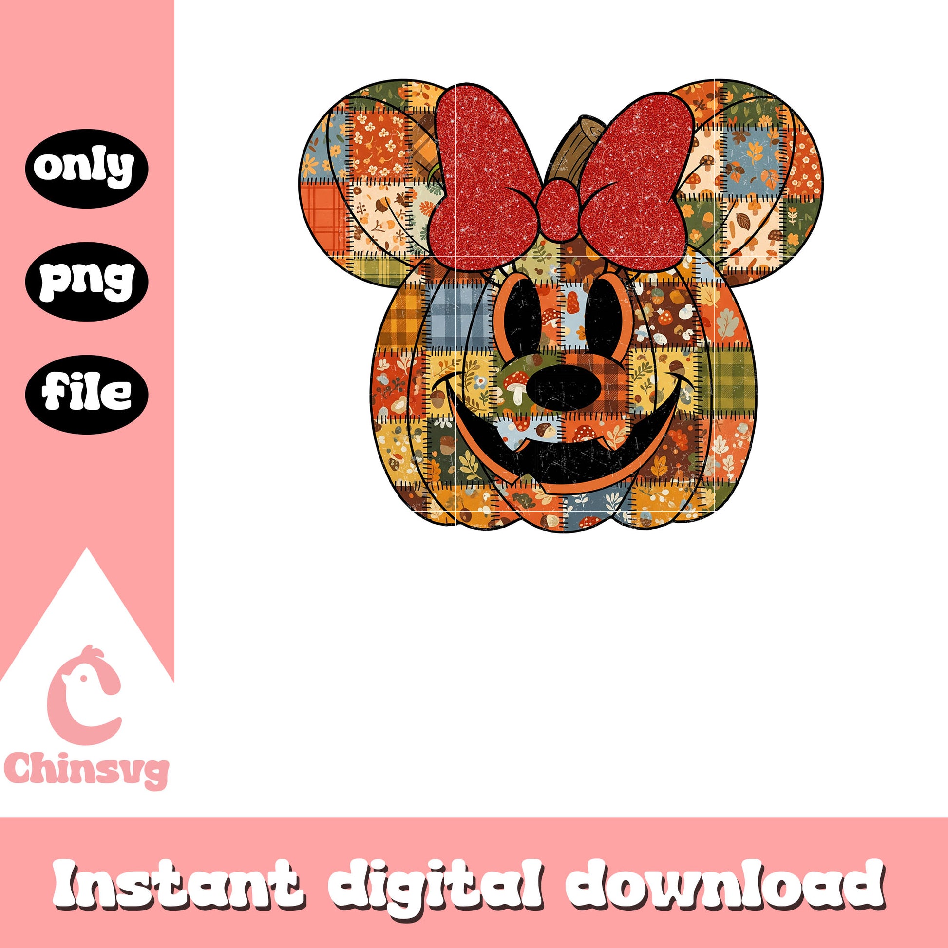 Minnie head pumpkin patchwork png, minnie character png