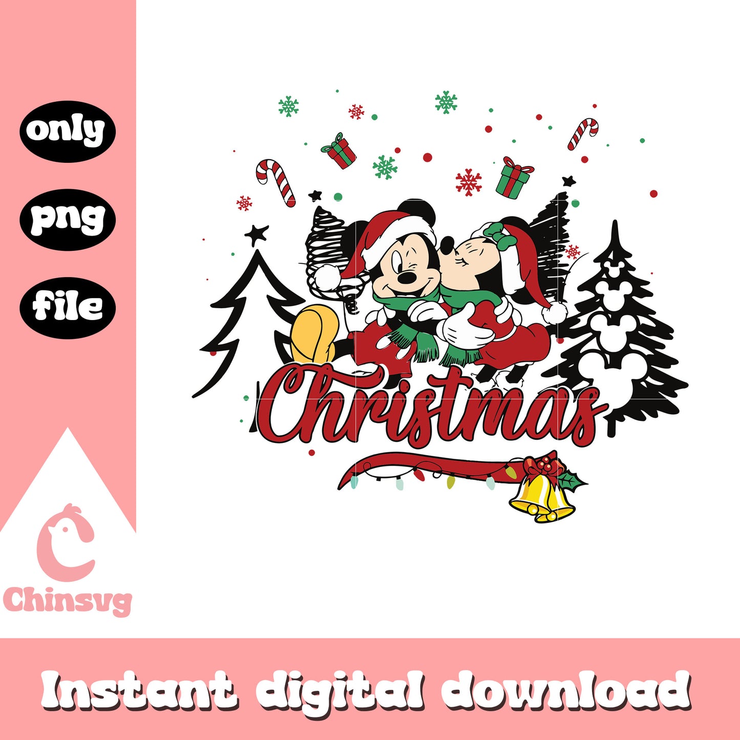 Minnie kiss mickey christmas design png, mickey and minnie png