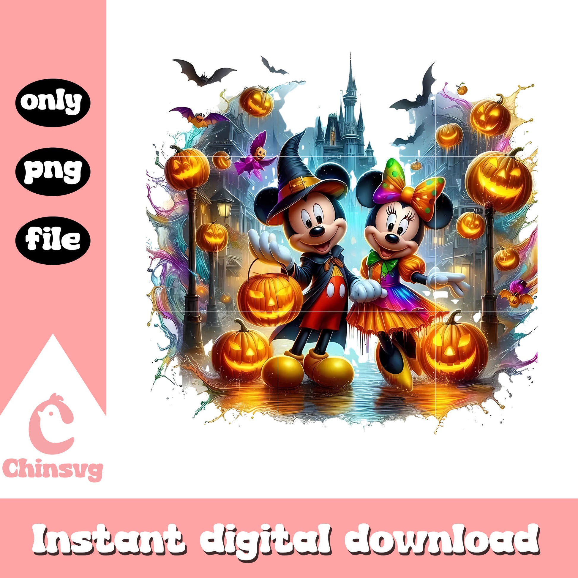 Minnie mickey halloween town design png, pumpkin light png
