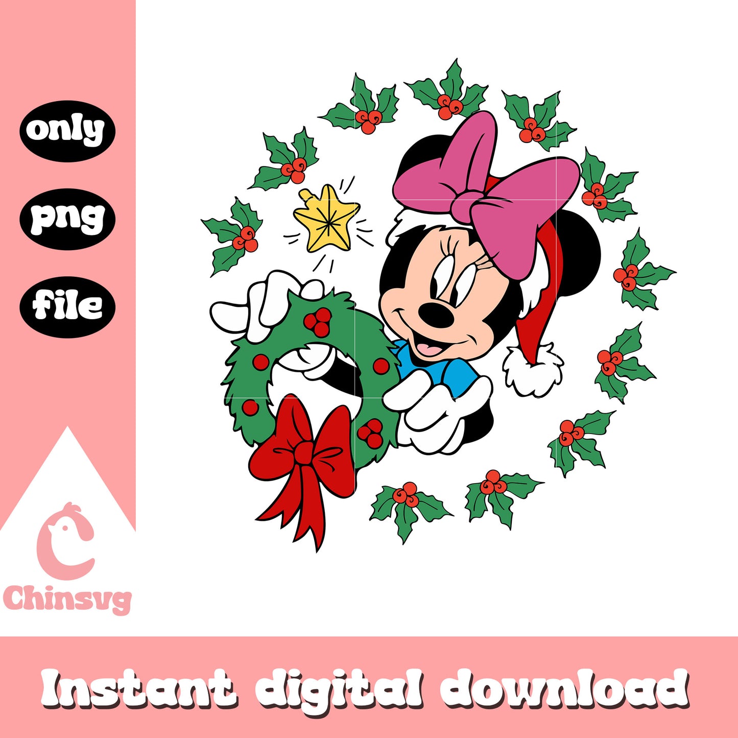 Minnie mouse and christmas wearth png, disney christmas decor png